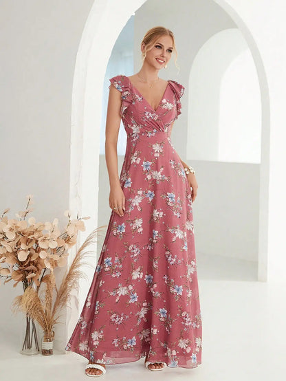 pink floral chiffon  v-neck with ruffles dress-formal elegance