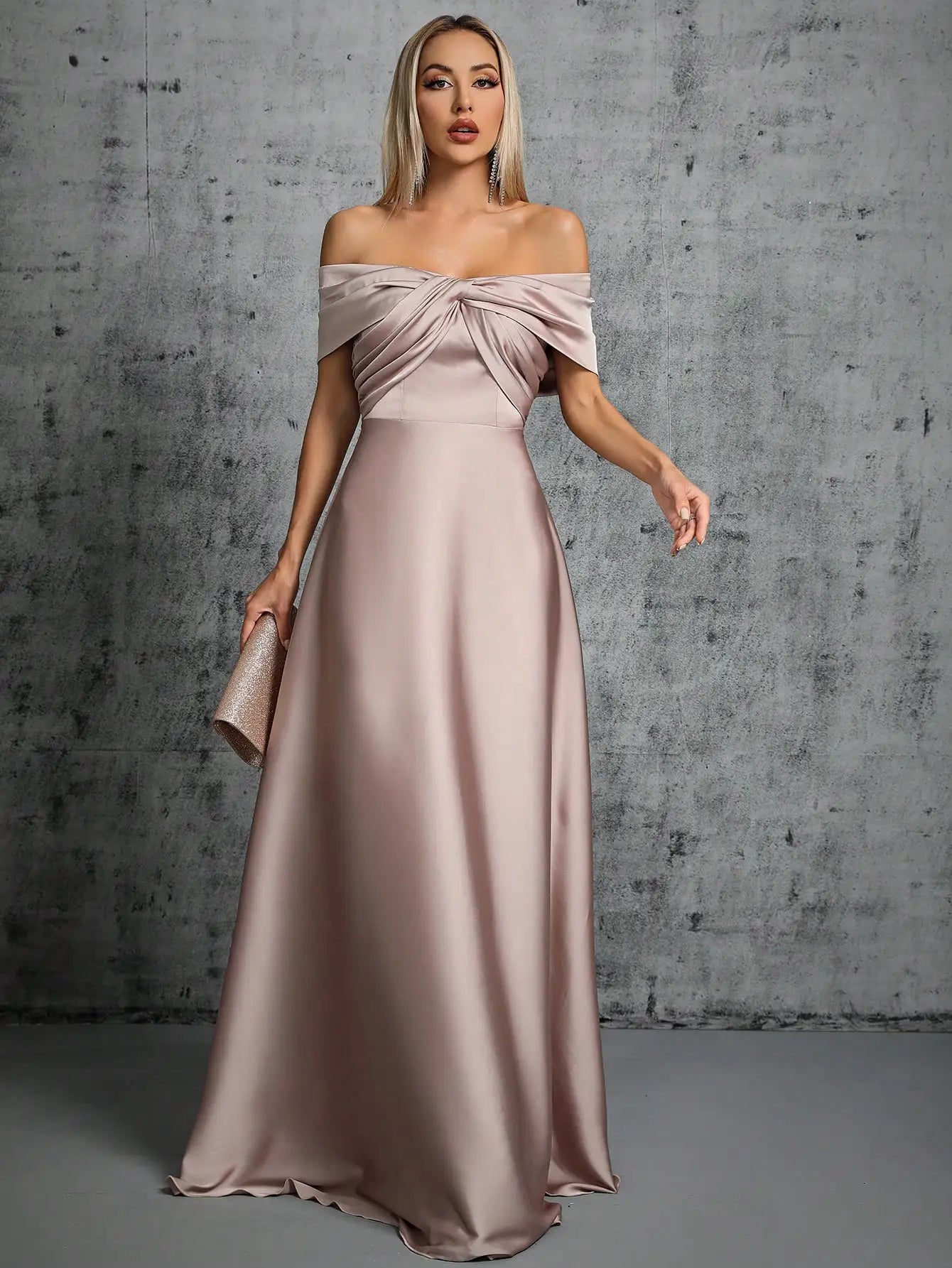 pink off the shoulder strapless satin long party dress-formal elegance