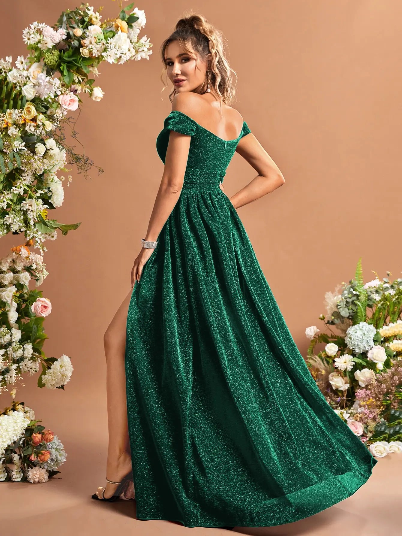 green glitter open back with zipper evening gown