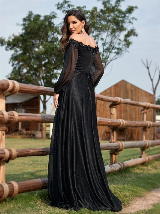 Black Off The Shoulder Long Sleeve Formal Evening Dress