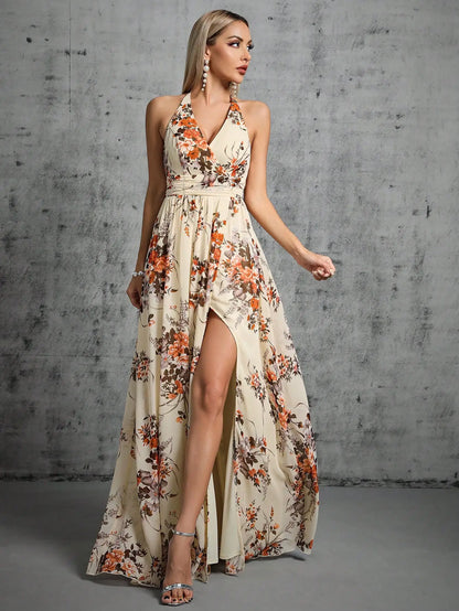 ivory halter neck floral chiffon party dress-formal elegance