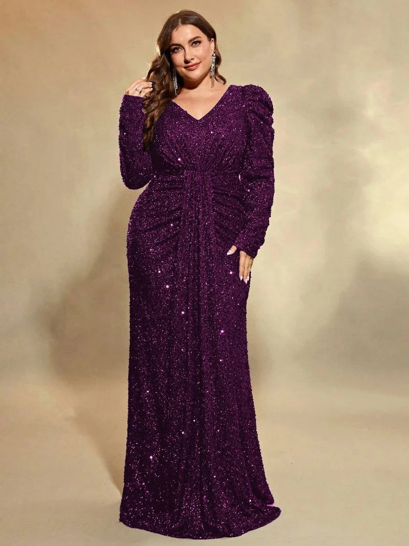 v-neck purple sequins long sleeve evening gown-formal elegance