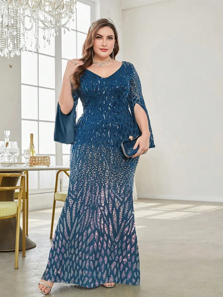 blue plus size sequin with long split sleeves evening dress-formal elegance