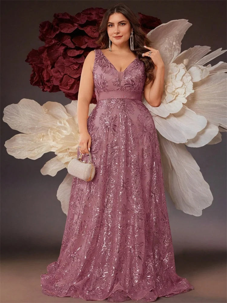 Rose pink sequinned v-neck plus size evening dress sizes 14-24w