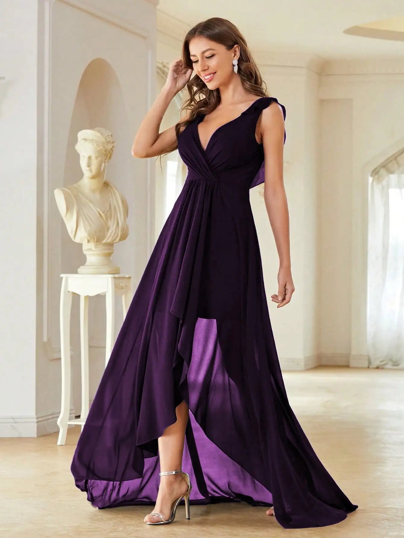 purple chiffon high low hem party dress-formal elegance