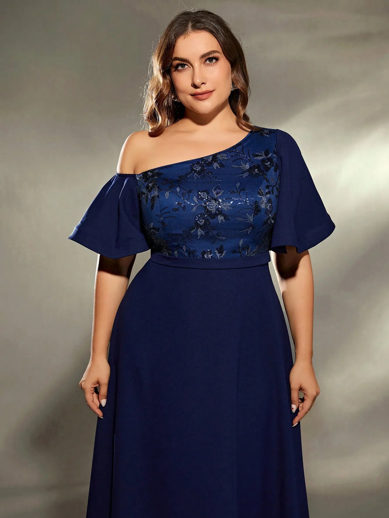 Navy Plus Size Diagonal Shoulder Evening Party Dress