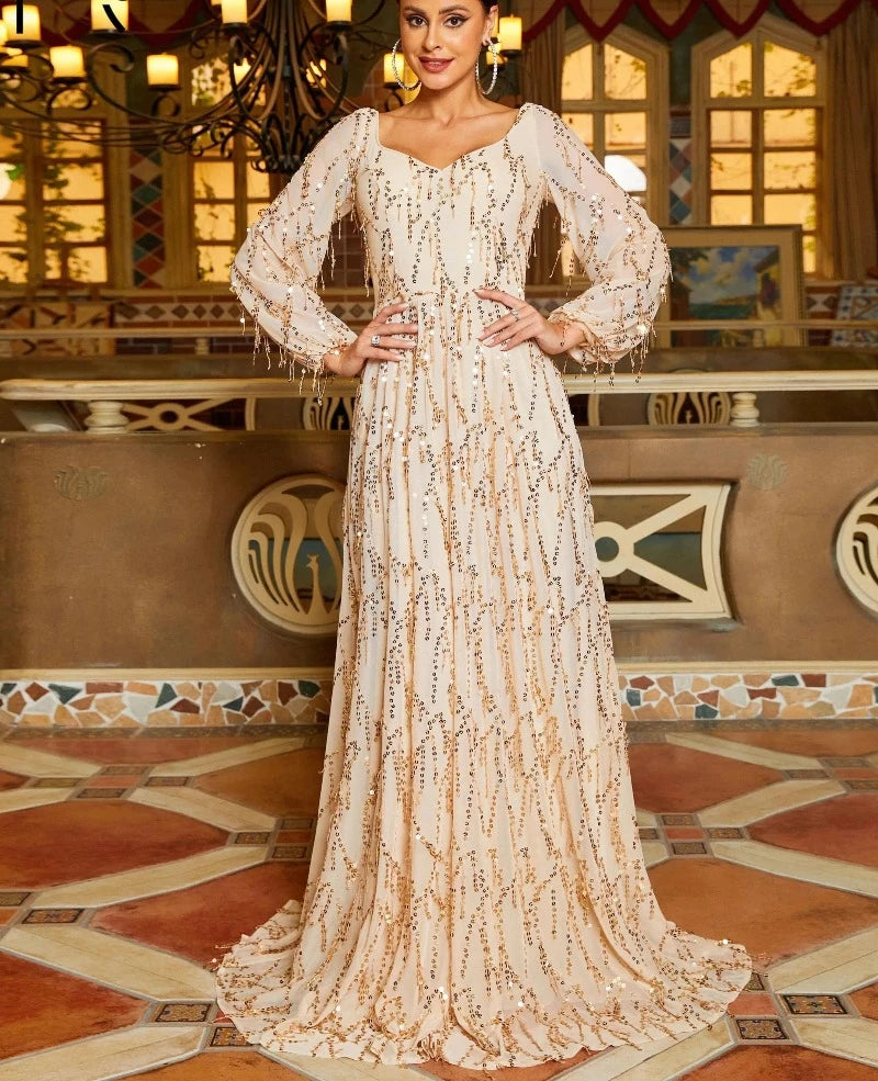 a-line cream with gold sequins floor length evening dress-formal elegance