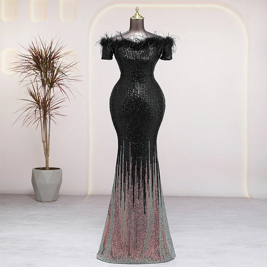 black and silver sequins with feather trim evening dress-formal elegance