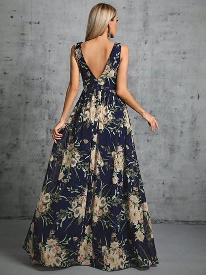 Navy Floral Print Chiffon Sequin Waist Party Dress 