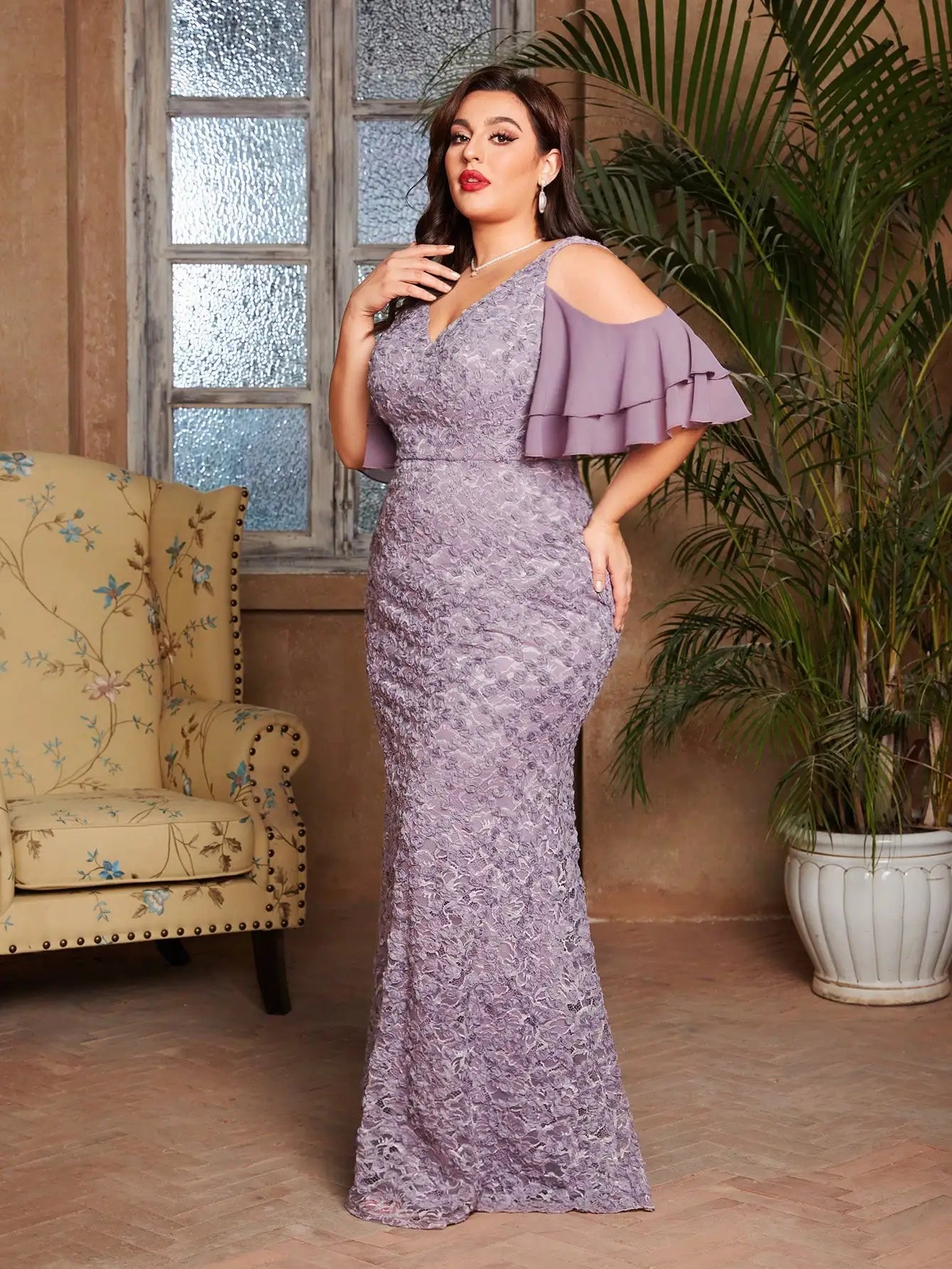 Purple Plus Size Romantic Lace Cold Shoulder Party Dress