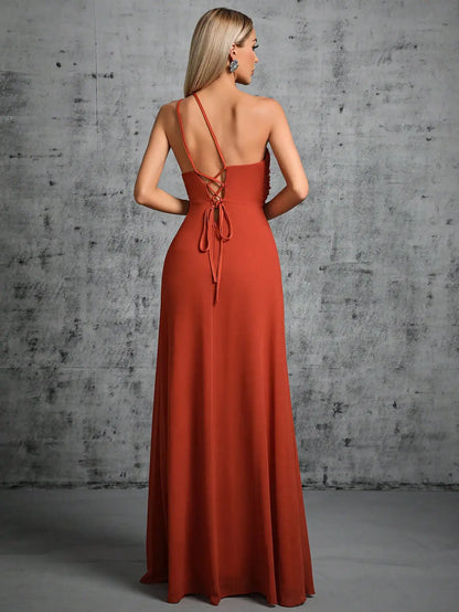 lace up back long chiffon evening dress