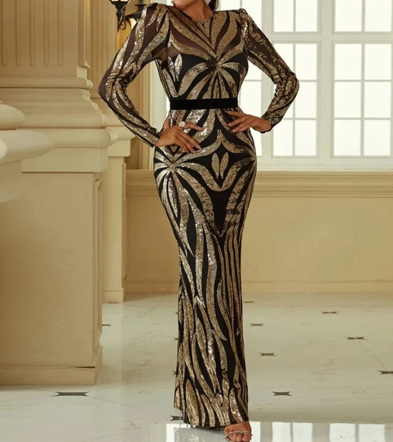 lblack with gold sequins long sleeve evening dress-formal elegance