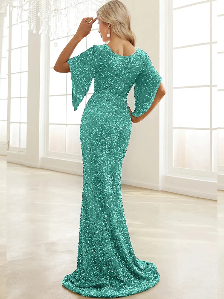 Elegant Sequin Bell Sleeve Maxi Cocktail Party Dresses