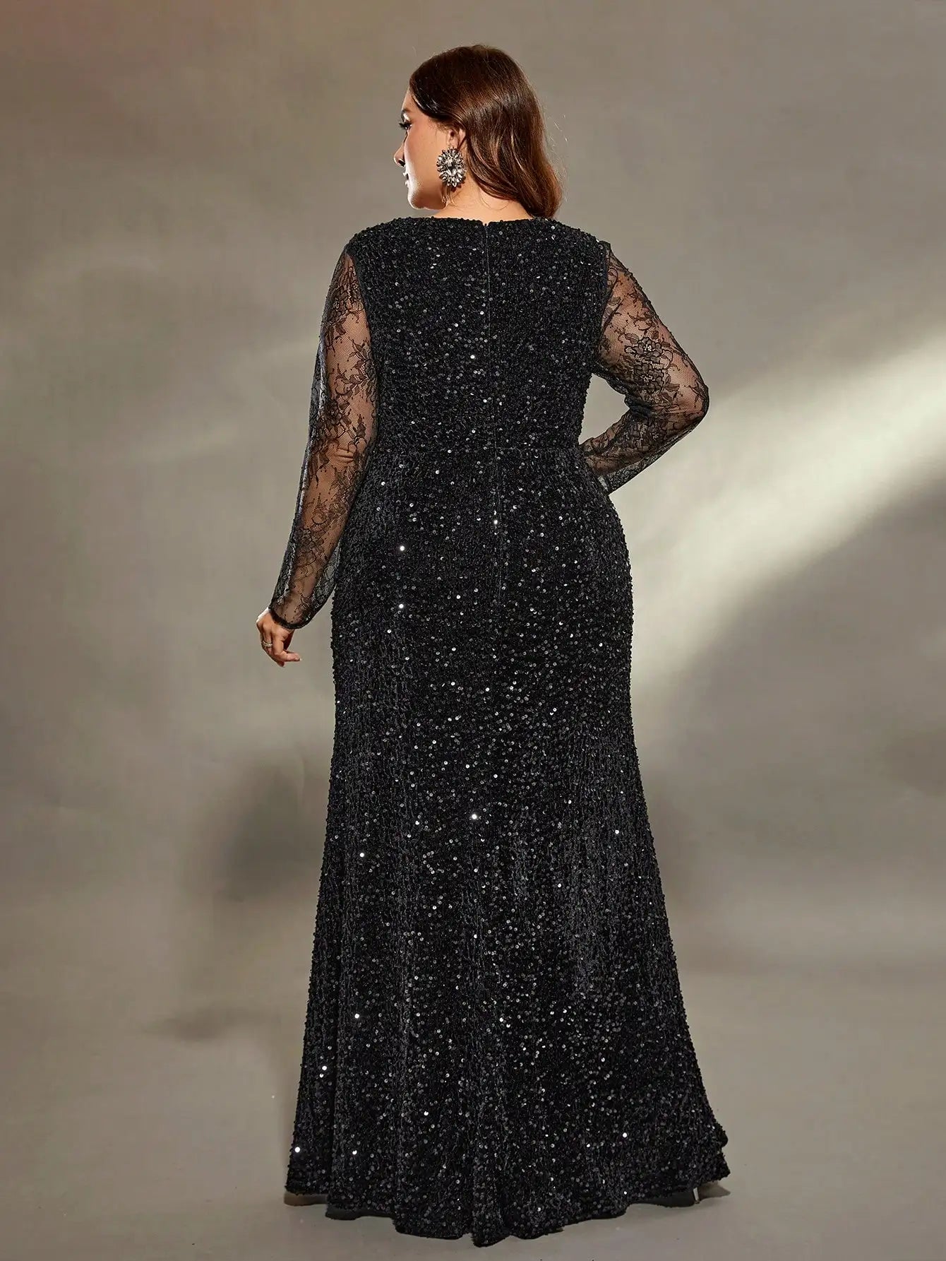 Black Plus Size Sequin Lace Long Sleeve Party Dress