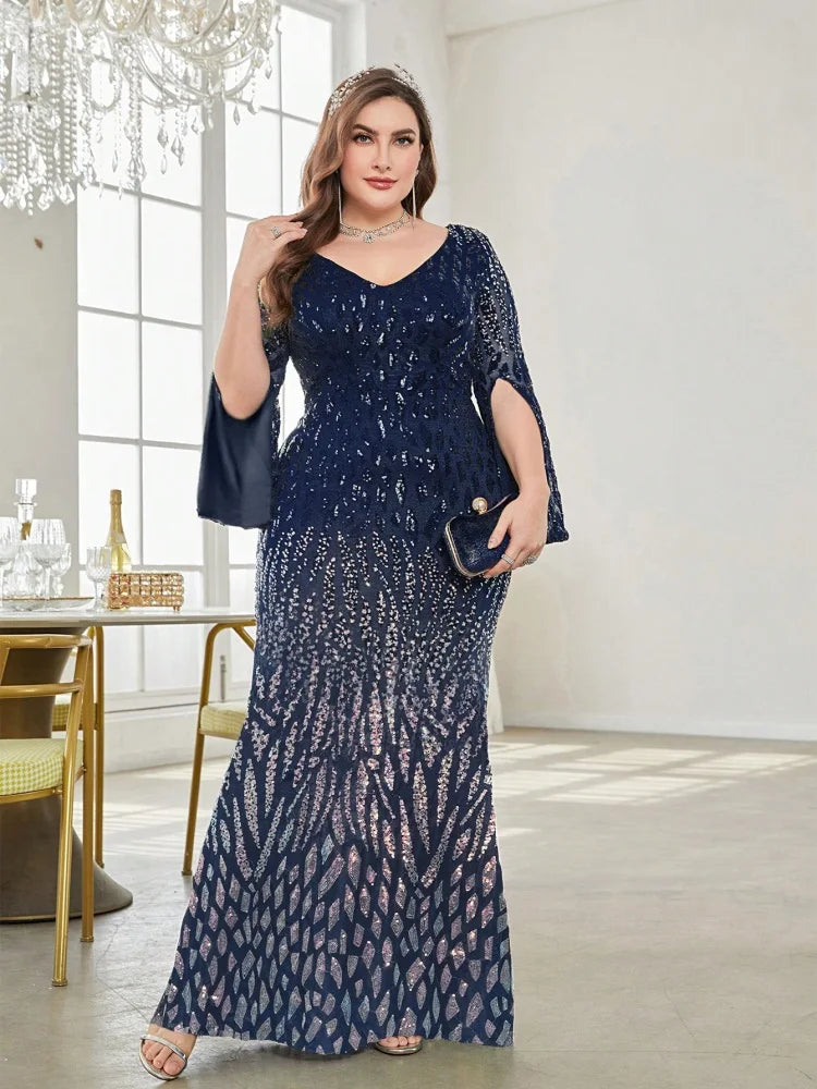 navy  plus size sequin with long split sleeves evening dress-formal elegance