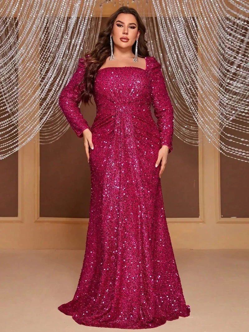 fushia pink square neck sequinned long sleeve party dress