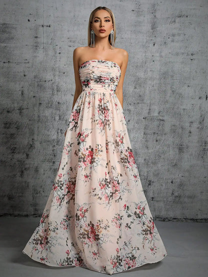 pink strapless pleated floral printed maxi dress-formal elegance