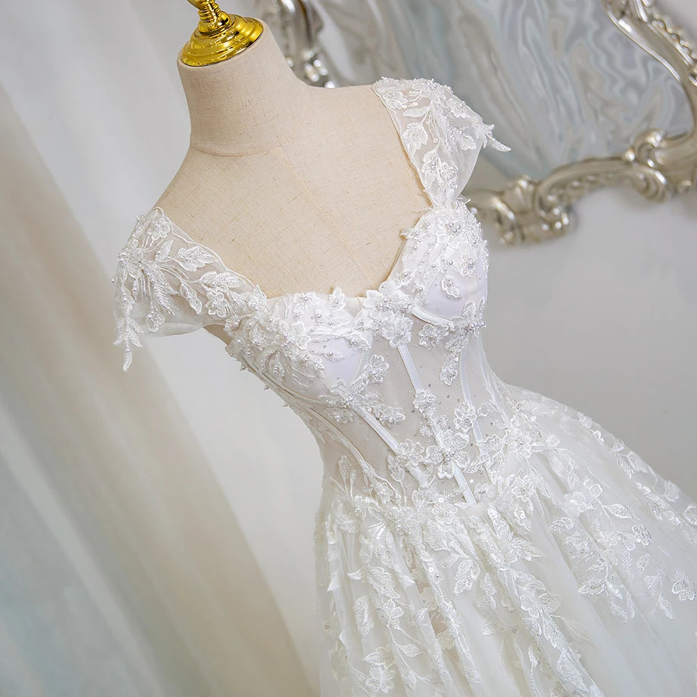 Romantic Lace Tulle Cap Sleeve Wedding Dress