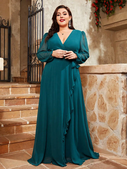 green chiffon plus size wrap style long party dress-formal elegance