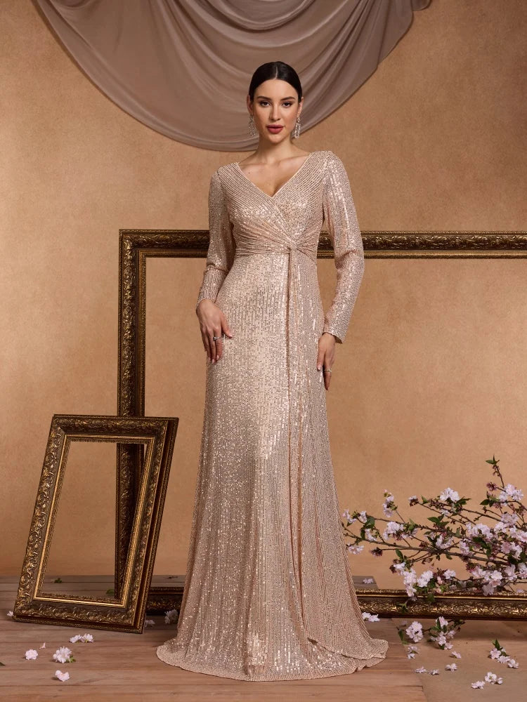 Glittering sequins straight silhouette with long sleeves maxi evening dress-formal elegance