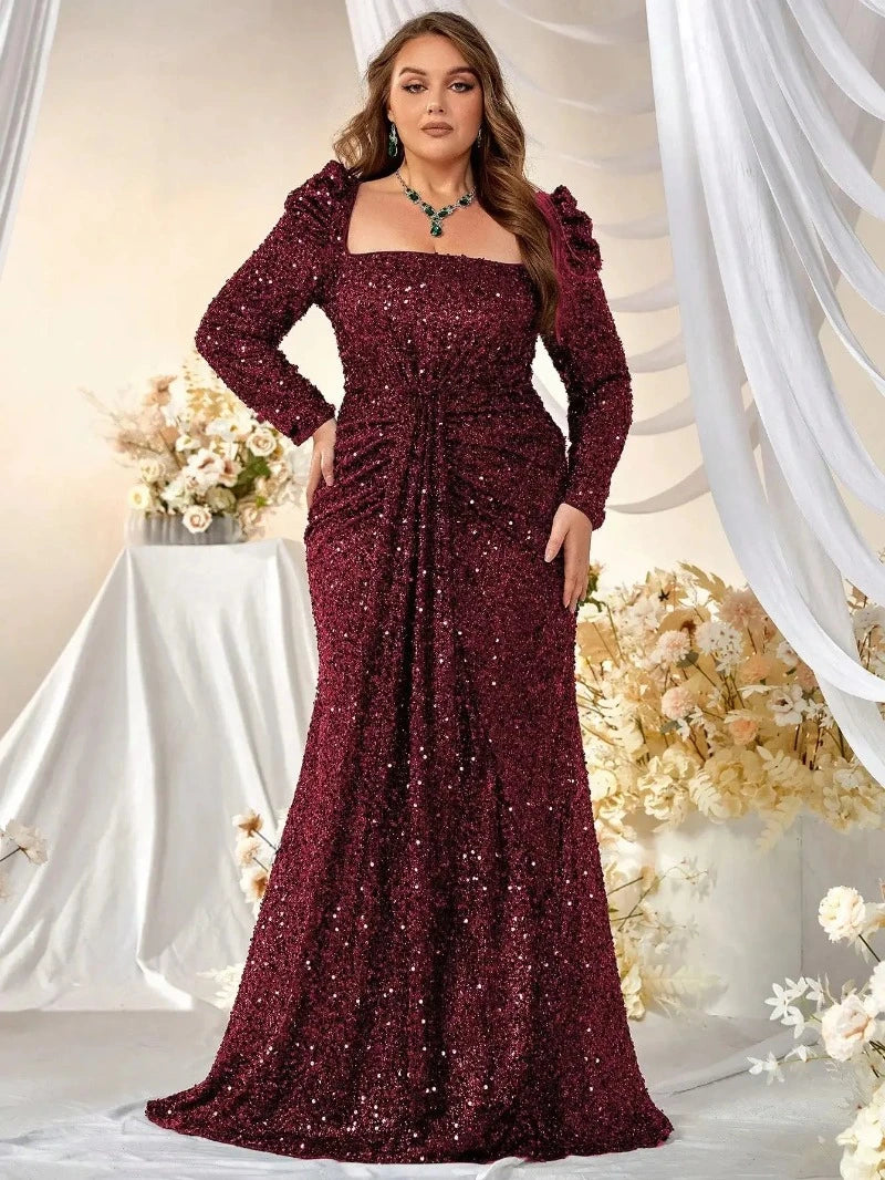 burgundy sequinned long sleeve evening dress-formal elegance