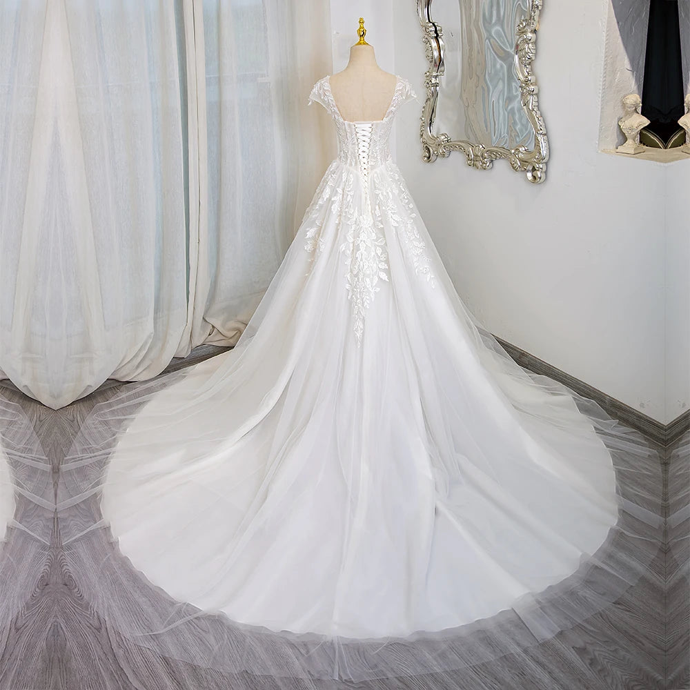 Romantic Lace Tulle Cap Sleeve Wedding Dress