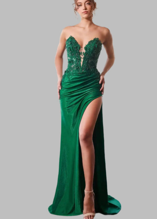 Elegant Strapless High Split Evening Party Dress
