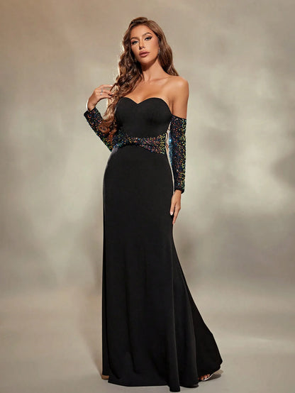 black fit and flare maxi dress with glitter-formal elegance