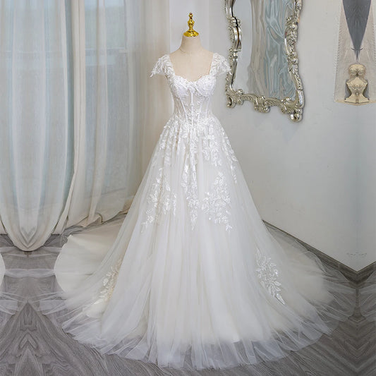 Romantic Lace Tulle Cap Sleeve Wedding Dress