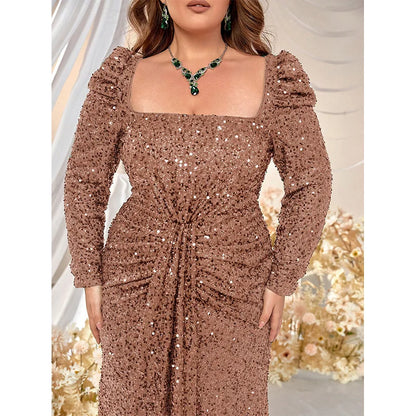 square neck sequinned long sleeve party dress