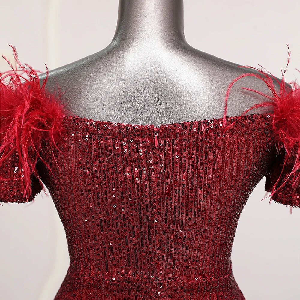 Red Feathers Sequin Off Shoulders Evening Formal Dress