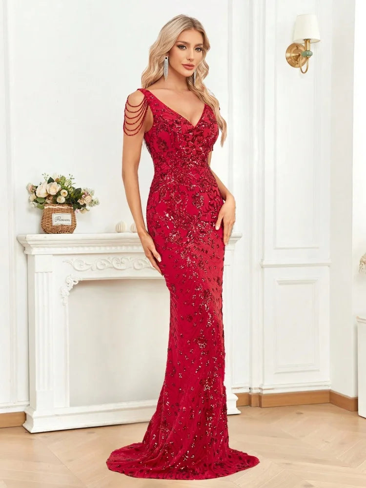 Red V-Neck Sequin Beading Mermaid Party Dresses