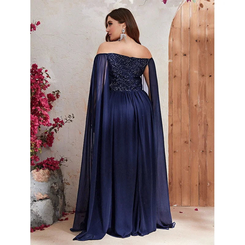 Plus Size Off Shoulder Cape Sleeve Sequin Evening Gown