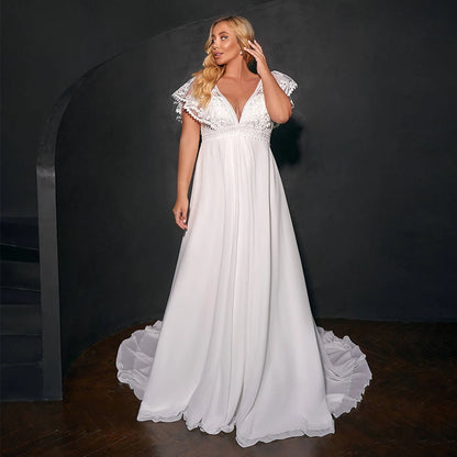 A-line chiffon fabric V-neck short sleeve appliqué bridal dress in white or ivory sizes 2-26w