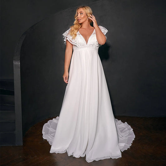 A-line chiffon fabric V-neck short sleeve appliqué bridal dress in white or ivory sizes 2-26w