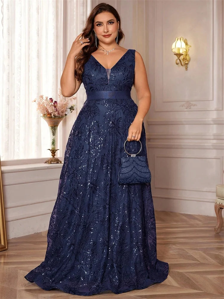 Navy sequins v-neck sleeveless floor length evening formal party dress sizes 14-24w