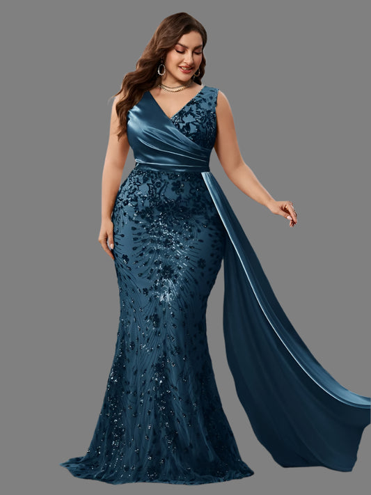 Elegant Blue Satin And Sequins Plus Size Party Dress