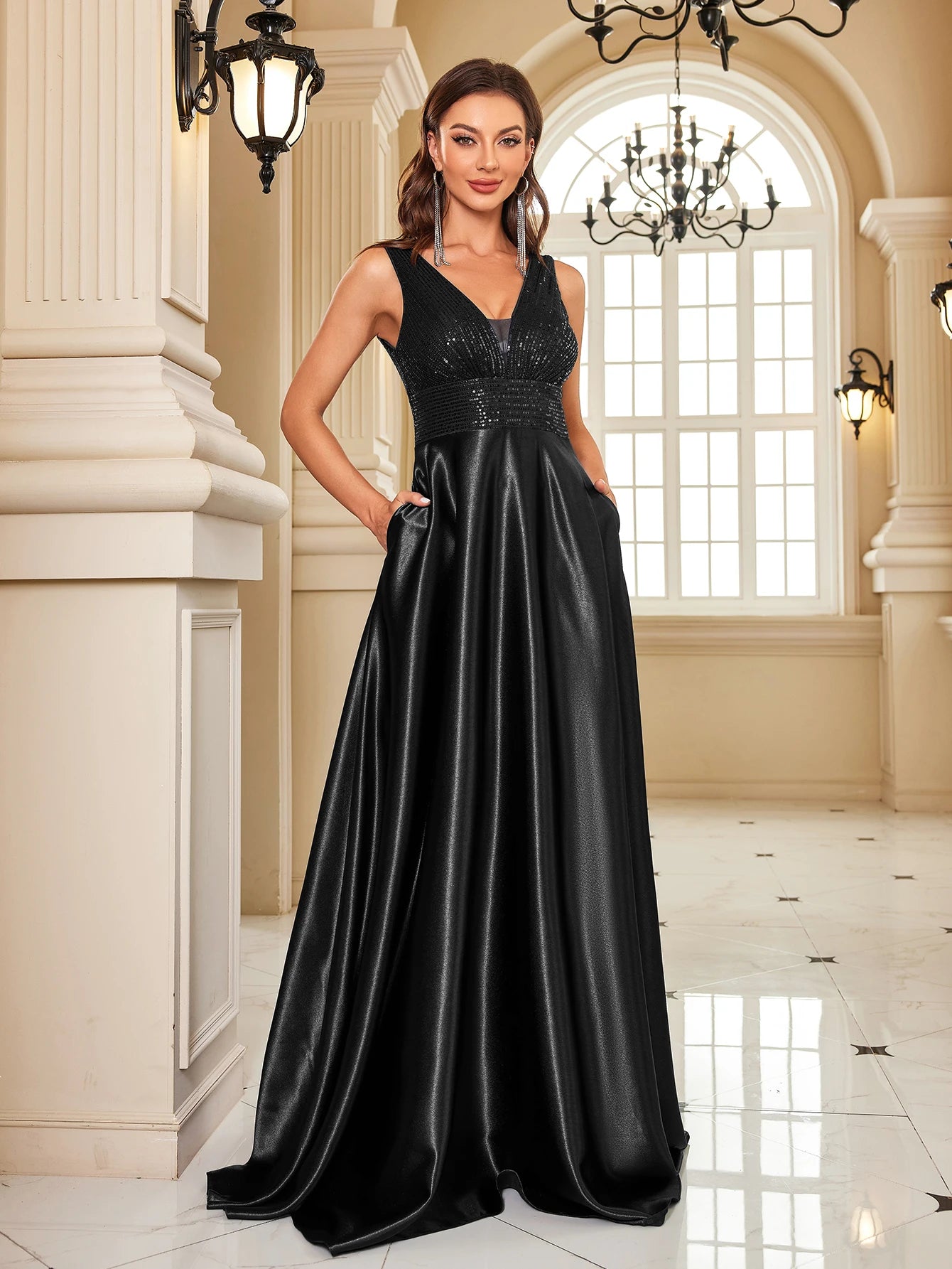 black v-neck sleeveless evening dress-formal elegance