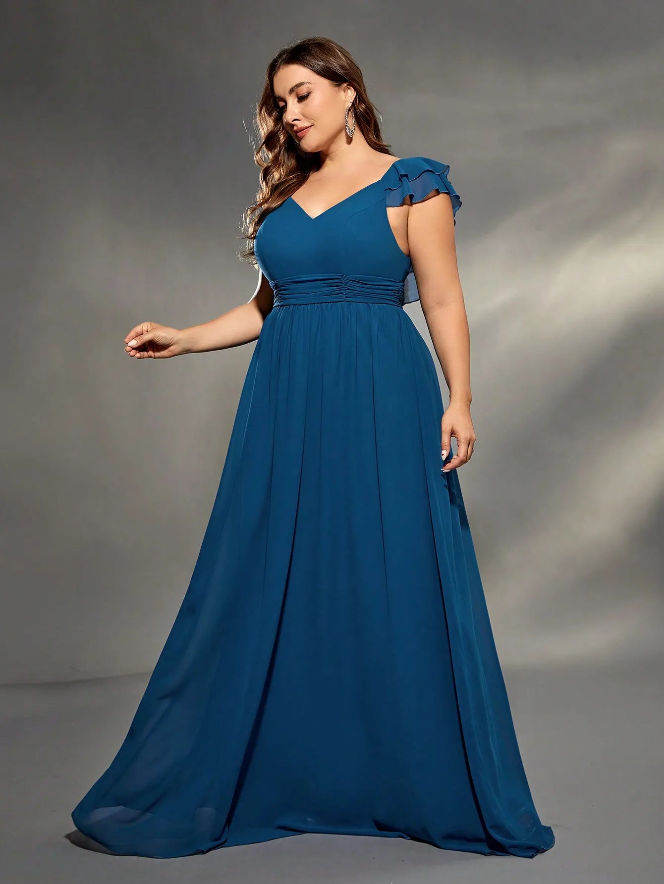 Blue Plus Size Cap Sleeve Chiffon Bridesmaid Party Dress