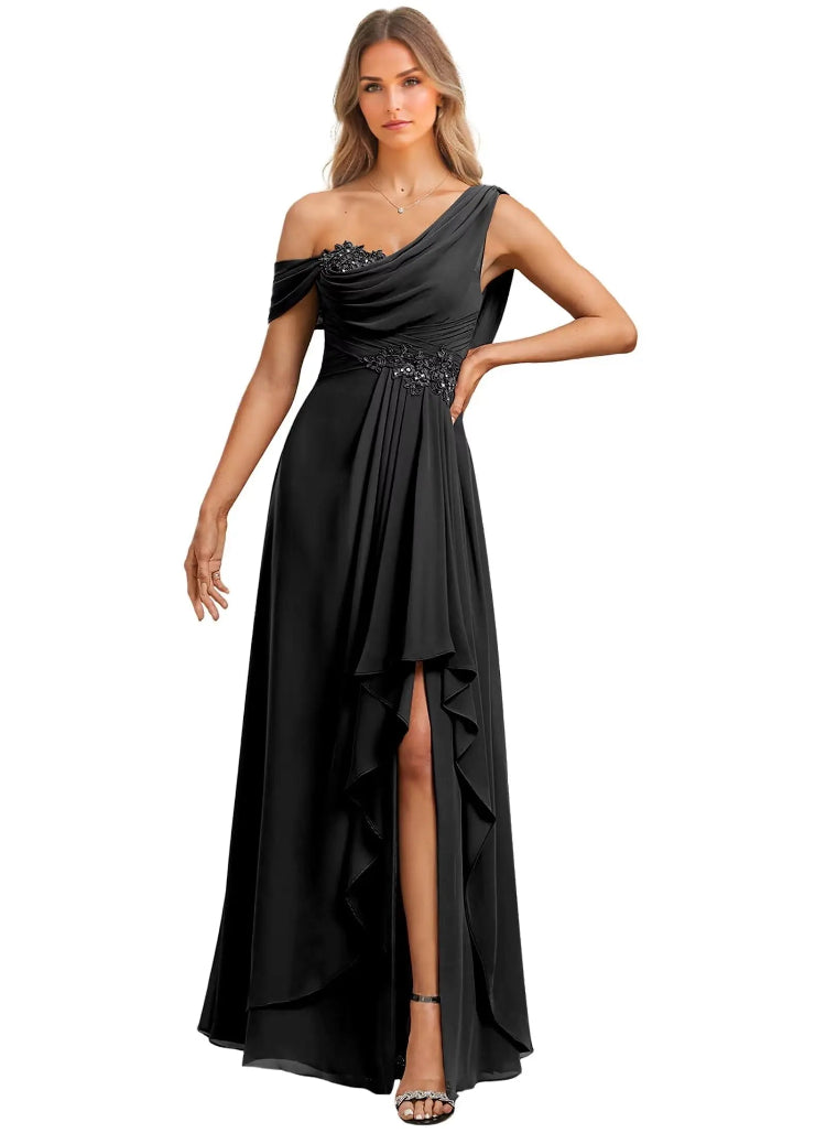 Black one-shoulder evening gown with beaded details on a white background