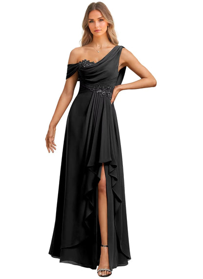 Black one-shoulder evening gown with beaded details on a white background