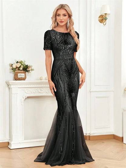 Black sequinned short sleeve mermaid design evening formal dress