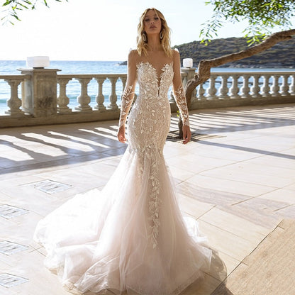 Champagne Beaded Lace Illusion Mermaid Wedding Dress