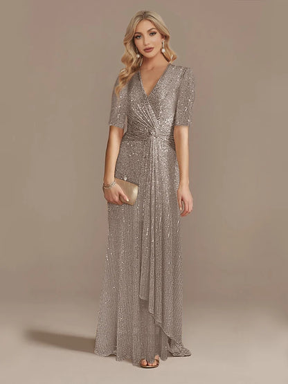 Elegant Floor Length V-Neck Sequin Evening Party Dress