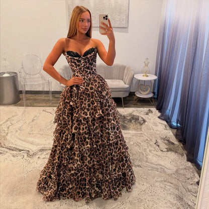 Strapless Leopard Ruffles Evening Formal Dress