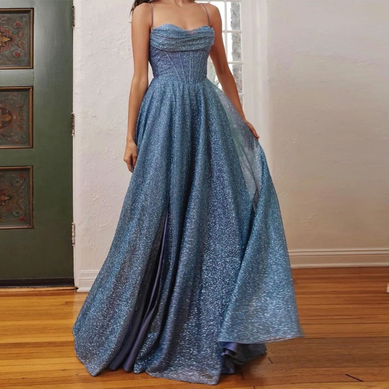 blue glitter cowl neck corset evening gown-formal elegance