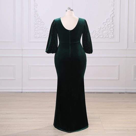 Elegant Green Velvet Beaded Plus Size Evening Dress