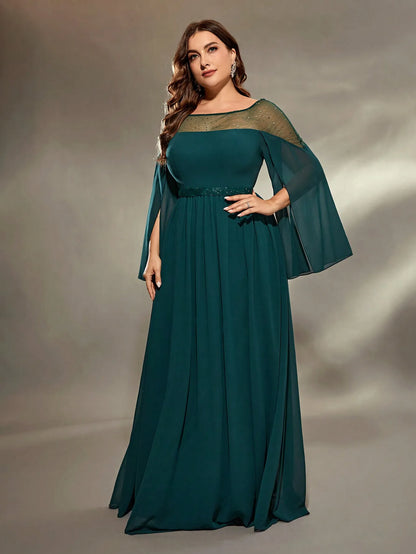 Plus Size Sheer Neckline Sequins Split Sleeve Evening Dress