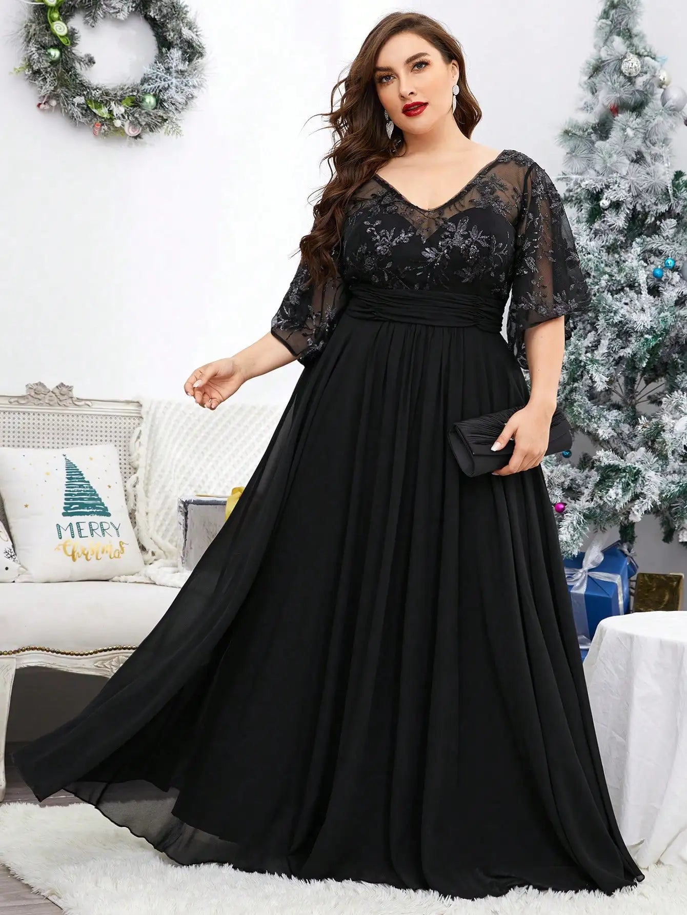 black lace and chifoon formal gown