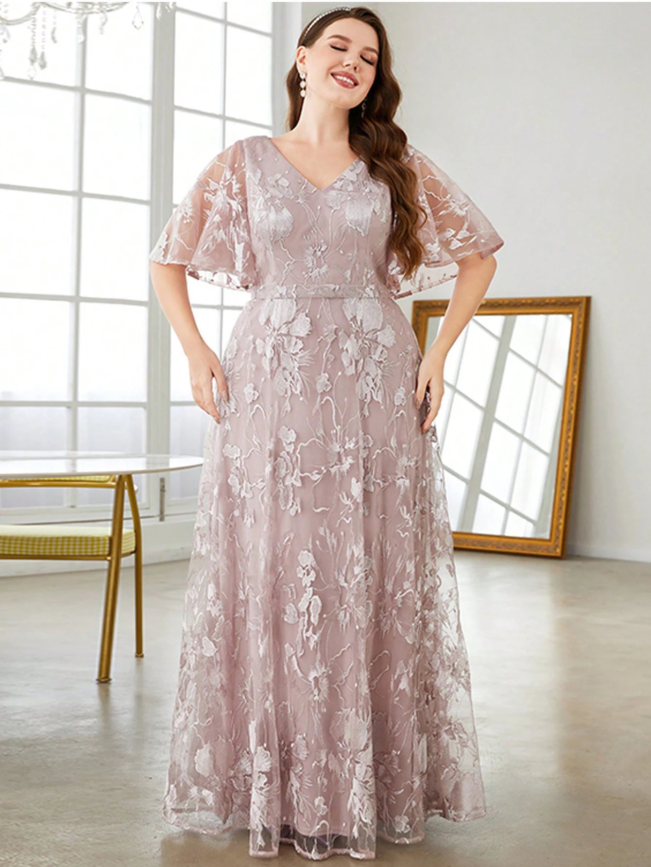 pink floral lace butterfly sleeve plus size party dress-formal elegance